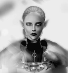 1girl armor blonde_hair bodysuit claymore_(series) colored_eyelashes grey_eyes greyscale lips looking_at_viewer miawrly monochrome ophelia pauldrons pointy_ears ponytail realistic serious shoulder_armor simple_background solo upper_body white_bodysuit