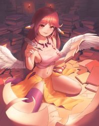 1girl asymmetrical_legwear awan0918 bare_shoulders blush book breasts collarbone crop_top feathered_wings feathers full_body grin highres holding holding_book holding_feather indoors jibril_(no_game_no_life) long_hair looking_at_viewer medium_breasts navel no_game_no_life paper pile_of_books pink_hair purple_thighhighs seiza side_slit sideboob sitting sleeveless smile socks solo striped_clothes striped_socks striped_thighhighs symbol-shaped_pupils thighhighs uneven_legwear white_wings wing_ears wings yellow_eyes rating:Sensitive score:20 user:danbooru