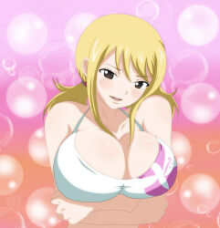  1girl artist_request bare_shoulders bikini blonde_hair breasts cleavage collarbone fairy_tail highres large_breasts looking_at_viewer lucy_heartfilia open_mouth swimsuit teeth upper_teeth_only 
