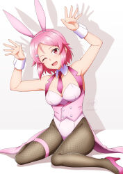  1girl animal_ears arms_up bare_shoulders breasts brown_pantyhose cleavage collarbone commentary_request detached_collar drop_shadow fake_animal_ears fishnet_pantyhose fishnets freckles hair_ornament highleg highleg_leotard highres ken-ji leotard lisbeth_(sao) looking_at_viewer medium_breasts medium_hair necktie one_eye_closed open_mouth pantyhose pink_hair pink_necktie playboy_bunny rabbit_ears red_eyes shadow signature simple_background sitting smile solo sword_art_online thigh_strap twitter_username wariza white_background wing_collar wrist_cuffs 