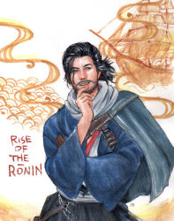 1boy artist_request black_eyes black_hair closed_mouth english_text male_focus rise_of_the_ronin ronin short_hair smile text_focus translation_request