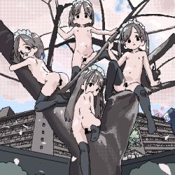  4girls ass bar_censor bare_tree black_thighhighs building censored cherry_blossoms climbing_tree commentary_request dithering flat_chest glass glasses lokulo_no_mawashimono loli long_hair looking_at_viewer lowres maid_headdress multiple_girls nipples nude oekaki original outdoors petals short_hair thighhighs tree twintails 