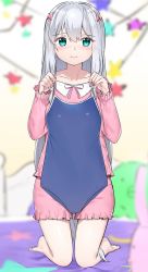  1girl barefoot blue_one-piece_swimsuit blurry blurry_background blush bow closed_mouth commentary_request depth_of_field embarrassed eromanga_sensei green_eyes hair_bow highres holding hoshikuzu_witch_meruru izumi_sagiri kneeling long_hair long_sleeves looking_at_viewer neck_ribbon one-piece_swimsuit pajamas pink_bow pink_ribbon pink_shirt pink_shorts ribbon school_swimsuit shirt short_shorts shorts silver_hair solo suzuharu_toufu swimsuit 