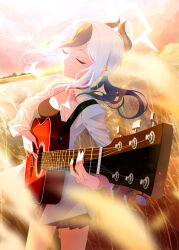  1girl black_hair black_horns blue_archive breasts closed_eyes closed_mouth collared_shirt cowboy_shot demon_horns guitar halo highres holding holding_instrument horns instrument kayoko_(blue_archive) long_hair long_sleeves multicolored_hair music nasan_(coldtime) open_clothes open_shirt playing_instrument pleated_skirt red_skirt shirt skirt small_breasts smile solo white_hair white_shirt 
