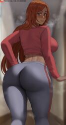 1girl ass bleach blue_eyes blush breasts from_behind highres huge_ass inoue_orihime large_breasts long_hair looking_at_viewer looking_back orange_hair oroborus pants shirt sideboob smile solo steam steaming_body thighs very_long_hair rating:Sensitive score:68 user:armorcrystal