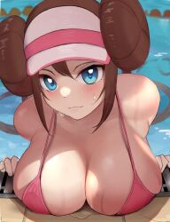  1girl absurdres bikini blue_eyes blush breast_rest breasts brown_hair cleavage closed_mouth commentary covered_erect_nipples creatures_(company) day double_bun game_freak gatchan hair_bun hat highres large_breasts long_hair looking_at_viewer nintendo outdoors pink_bikini pink_hat pokemon pokemon_bw2 pool revision rosa_(pokemon) sidelocks solo strap_gap swimsuit upper_body very_long_hair visor_cap water water_drop wet wet_hair  rating:Questionable score:71 user:danbooru