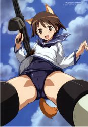  1girl :d absurdres animal_ears black_one-piece_swimsuit black_school_swimsuit blue_one-piece_swimsuit blue_sky blush breasts brown_eyes brown_hair cameltoe cloud cloudy_sky crotch day dog_ears drum_magazine flying foreshortening from_below gun heavy_machine_gun highres hirata_katsuzou holding holding_gun holding_weapon long_sleeves looking_at_viewer machine_gun magazine_(weapon) miyafuji_yoshika necktie no_pants official_art one-piece_swimsuit open_mouth outdoors school_swimsuit school_uniform serafuku shirt short_hair sky small_breasts smile solo spread_legs strike_witches striker_unit swimsuit swimsuit_under_clothes tail thighhighs thighs trigger_discipline type_99_cannon weapon wind wind_lift world_witches_series zettai_ryouiki 