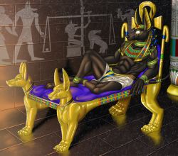  anubis_(mythology) deity_of_war egyptian egyptian_clothes egyptian_mythology furry furry_male god_of_war jackal lying non-web_source pharaoh  rating:Sensitive score:5 user:danbooru