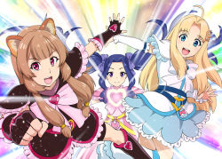 3girls :d ahoge animal_ears bike_shorts black_capelet black_gloves black_shorts black_skirt blonde_hair blue_bow blue_eyes blue_hair blue_skirt bow brooch brown_hair capelet closed_mouth cosplay cure_black cure_black_(cosplay) cure_white cure_white_(cosplay) detached_sleeves fingerless_gloves filo_(tate_no_yuusha_no_nariagari) floating_hair frilled_capelet frilled_gloves frilled_skirt frilled_sleeves frills futari_wa_precure futari_wa_precure_max_heart gloves hair_bow hair_intakes heart heart_brooch highres jewelry long_hair long_sleeves looking_at_viewer melty_q_melromarc miniskirt multiple_girls open_mouth pink_capelet pink_neckwear pink_skirt precure purple_eyes raccoon_ears raccoon_girl raphtalia red_eyes shiny_luminous shiny_luminous_(cosplay) short_shorts shorts shorts_under_skirt sidelocks skirt smile tate_no_yuusha_no_nariagari twintails ueyama_michirou very_long_hair white_bow white_neckwear white_sleeves