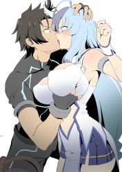  1boy 1girl agent_number_six ahoge aqua_eyes blue_hair blush breasts constricted_pupils forced french_kiss grabbing grabbing_another&#039;s_breast hetero highres kiss large_breasts long_hair manno_(kanpi2100) saliva saliva_trail sentouin_hakenshimasu! simple_background skirt snow_(sentouin_hakenshimasu!) white_background  rating:Questionable score:183 user:creck