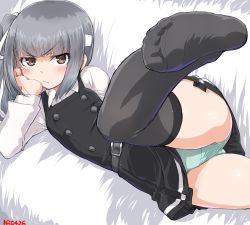  &gt;: &gt;:/ 10s 1girl :/ belt black_thighhighs blush brown_eyes couch crotch_seam dated dd_(ijigendd) dress feet foreshortening green_panties grey_hair hand_on_own_cheek hand_on_own_face head_rest headband kantai_collection kasumi_(kancolle) kasumi_kai_ni_(kancolle) leg_up loli lying no_shoes on_couch on_side panties pantyshot pinafore_dress scowl sleeveless sleeveless_dress solo thighhighs thighs underwear v-shaped_eyebrows zettai_ryouiki  rating:Questionable score:73 user:danbooru