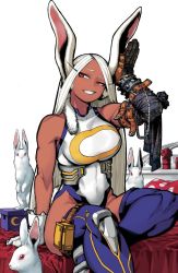  1girl abs animal animal_ears bare_arms bare_shoulders bed biceps blanket boku_no_hero_academia breasts cleaned crescent_moon crossed_legs dark-skinned_female dark_skin eyebrows eyelashes female_focus gloves hand_on_own_head highres horikoshi_kouhei kemonomimi_mode large_breasts leotard long_eyelashes long_hair mirko moon official_art parted_bangs pillow prosthesis prosthetic_arm rabbit rabbit_ears rabbit_girl rabbit_tail red_eyes sitting sleeveless solo solo_focus tail text_focus thighs toned white_background white_gloves white_hair  rating:Sensitive score:65 user:yakamozwretch