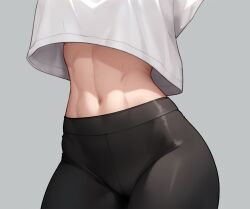 1girl abs black_pants bluefield close-up crop_top grey_background highres midriff navel navel_focus original pants shirt simple_background solo stomach_day toned white_shirt yoga_pants rating:Sensitive score:109 user:danbooru