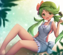 1girl :d bad_id bad_pixiv_id bare_arms blush breasts collarbone commentary_request creatures_(company) flower game_freak green_eyes green_hair grey_overalls hair_flower hair_ornament holding holding_ladle ladle legs long_hair looking_at_viewer mallow_(pokemon) murano nintendo open_mouth overalls pokemon pokemon_sm sitting smile solo swept_bangs tongue trial_captain twintails rating:Sensitive score:12 user:danbooru