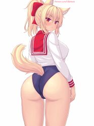  1girl animal_ears ass blonde_hair blue_one-piece_swimsuit blush breasts cat_ears cat_girl cat_tail closed_mouth commentary english_commentary hair_ornament highres large_breasts long_sleeves looking_at_viewer looking_back nottytiffy one-piece_swimsuit original patreon_username ponytail red_eyes school_uniform serafuku shirt simple_background slit_pupils solo standing swimsuit tail thighs tiffy_(nottytiffy) white_background white_shirt  rating:Sensitive score:13 user:danbooru