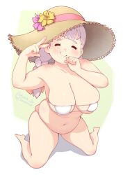  1girl artist_name bikini blunt_bangs blush braid breasts cleavage clenched_hand closed_eyes closed_mouth cloudxmoe collarbone commentary english_commentary english_text eyepatch_bikini facing_viewer flower full_body green_background hat hat_flower head_tilt highres jasminka_antonenko kneeling large_breasts little_witch_academia long_hair navel pink_hair plump shadow simple_background skindentation smile solo straw_hat string_bikini swimsuit tareme thick_arms thick_thighs thighs v white_background white_bikini 