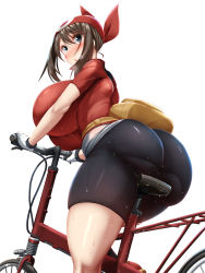 1girl alternate_breast_size ass bandana bicycle bike_shorts blue_eyes blush breasts breath brown_hair creatures_(company) dripping fanny_pack from_side game_freak gloves highres huge_ass huge_breasts impossible_clothes impossible_shirt impossible_shorts kawahagi-tei kawahagitei leaning_forward looking_at_viewer looking_back may_(pokemon) nintendo nose_blush paid_reward_available parted_lips pokemon pokemon_rse red_bandana riding riding_bicycle shirt short_hair_with_long_locks short_sleeves sidelocks simple_background skin_tight solo sweat twisted_torso wet wet_clothes white_background rating:Questionable score:102 user:danbooru