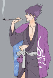  1boy adapted_costume bow collarbone commentary_request cowboy_shot danganronpa_(series) danganronpa_v3:_killing_harmony facial_hair goatee grey_background grey_kimono grey_sleeves hair_between_eyes hamadaichi haori holding holding_smoking_pipe jacket jacket_on_shoulders japanese_clothes kimono long_sleeves looking_to_the_side male_focus momota_kaito open_mouth pectoral_cleavage pectorals purple_eyes purple_hair purple_jacket sash short_hair simple_background smoke smoking_pipe solo space_print spiked_hair starry_sky_print two-sided_fabric two-sided_jacket waist_bow white_bow white_sash 