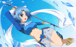 10s 1girl bad_id bad_pixiv_id blue_eyes blue_hair highres ishida_seito ludmila_lourie madan_no_ou_to_vanadis matching_hair/eyes midriff navel open_mouth polearm see-through short_hair skirt solo spear staff weapon rating:Questionable score:33 user:spiderfan