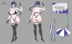  1girl alternate_costume ass bikini blush breasts character_sheet completely_nude concept_art curvy fei_(maidoll) female_focus fingerless_gloves full_body gloves high_ponytail highleg highleg_bikini highres huge_ass huge_breasts lilith-soft lips long_hair looking_at_viewer multiple_views nail_polish nude official_alternate_costume official_art ponytail race_queen revealing_clothes shiny_skin simple_background swimsuit taimanin_(series) taimanin_rpgx thick_thighs thighs thong thong_bikini uehara_rin umbrella very_long_hair wide_hips 