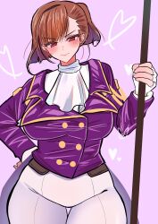  1girl alternate_hairstyle blush breasts brown_hair hand_on_own_hip heart highres kanzaki_sumire large_breasts legs looking_at_viewer naginata pants polearm ponytail red_eyes sakura_taisen sega smile solo thick_thighs thighs uniform weapon 