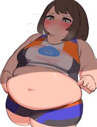  ... 1girl alternate_body_size belly belly_grab blush breasts brown_eyes brown_hair closed_mouth cosplay creatures_(company) cropped_legs dot_nose fat game_freak gloria_(pokemon) highres medium_breasts medium_hair nessa_(pokemon) nessa_(pokemon)_(cosplay) nimo_(b45ui) nintendo obese pokemon pokemon_swsh puff_of_air shadow shorts simple_background sleeveless solo sweat thick_arms thick_thighs thighs white_background 