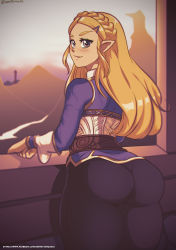 1girl absurdres ass blonde_hair blue_shirt blush brown_eyes cameltoe from_behind highres hip_focus huge_ass long_hair looking_at_viewer nintendo pants princess_zelda shimetta_masuta shirt smile solo the_legend_of_zelda the_legend_of_zelda:_breath_of_the_wild thick_thighs thighs wide_hips rating:Questionable score:65 user:armorcrystal