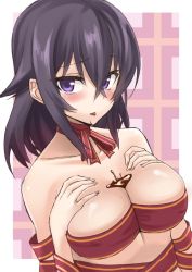 1girl bare_shoulders bdsm between_breasts black_hair blush bondage bound breasts chocolate female_focus hands_on_own_chest konohana_enishi large_breasts looking_at_viewer midriff original purple_eyes ribbon ribbon_bondage sengoku_aky solo tongue tongue_out  rating:Questionable score:17 user:danbooru