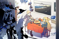  3girls 4boys arknights beach chilchuck_tims cooking crossover dungeon_meshi eating highres laios_touden losia marcille_donato multiple_boys multiple_girls seaborn_(arknights) senshi_(dungeon_meshi) skadi_(arknights) specter_(arknights) specter_the_unchained_(arknights) surprised ulpianus_(arknights) window 