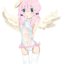  1girl absurdres angel angel_wings arms_behind_back blue_eyes blush bodysuit concept_art d1gitalcarnage feathered_wings halo highres long_hair navel open_mouth original pink_hair self-upload short_twintails simple_wings skirt thighhighs turtleneck twintails white_thighhighs white_wings wings worried 