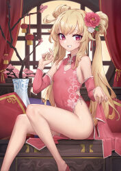 1girl absurdres bare_legs bare_shoulders blonde_hair breasts china_dress chinese_clothes clothing_cutout covered_navel detached_sleeves double_bun dress flower grin hair_bun hair_flower hair_ornament hand_up head_out_of_frame highres legs little_witch_nobeta long_hair long_sleeves looking_at_viewer no_panties nobeta non-web_source official_art oopartz_yang pelvic_curtain pink_dress plant potted_plant red_eyes side_cutout sitting sleeveless sleeveless_dress small_breasts smile solo thighs twintails vase very_long_hair rating:Sensitive score:99 user:danbooru