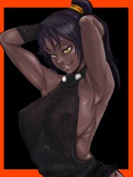  1girl armpits arms_up backless_outfit black_background black_sweater bleach border breasts brown_lips covered_erect_nipples dark-skinned_female dark_skin eyelashes halterneck high_ponytail highres large_breasts lips long_hair looking_at_viewer meme_attire naked_sweater nipples no_bra orange_border outside_border parted_lips purple_hair ribs seductive_smile see-through shihouin_yoruichi sideboob simple_background sleeveless sleeveless_sweater smile solo sweater tata_(pixiv57531723) upper_body very_dark_skin virgin_killer_sweater yellow_eyes  rating:Questionable score:36 user:danbooru