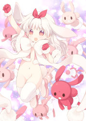  1girl animal_ears arm_up boots bottomless bow brown_eyes capelet clenched_hands convenient_leg female_focus full_body gloves hair_bow highres jumping legs legs_up loli long_hair naked_capelet nude open_mouth original pink_footwear rabbit_ears rabbit_girl rabbit_tail red_capelet red_gloves ribbon solo stuffed_animal stuffed_toy tail thighhighs thighs tokumi_yuiko white_hair white_thighhighs 