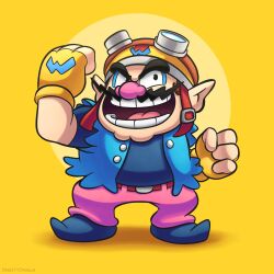  1boy big_nose blue_footwear blue_shirt cleft_chin clenched_hands facial_hair fingerless_gloves gloves goggles goggles_on_headwear grin helmet highres motorcycle_helmet mustache nintendo pants pink_pants pointy_ears shirt simple_background smile thick_eyebrows vinny_(dingitydingus) wario warioware yellow_background yellow_gloves 