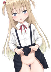 1girl black_skirt blonde_hair blue_eyes blue_skirt blush buttons censored cleft_of_venus clothes_lift collared_shirt commentary_request dot_nose eyebrows fang female_focus flat_chest hair_between_eyes hair_ribbon highres lifting_own_clothes loli long_hair long_sleeves looking_at_viewer meow_(nekodenki) neck_ribbon no_panties open_mouth original pleated_skirt pussy red_ribbon ribbon school_uniform shirt simple_background skirt skirt_lift solo suspender_skirt suspenders thigh_gap thighs two_side_up white_background white_shirt rating:Explicit score:111 user:danbooru