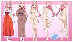  1girl ass barefoot border breasts closed_eyes commentary_request completely_nude female_focus full_body gluteal_fold gradient_background grey_sash hakama hand_up highres horns japanese_clothes kimono medium_breasts multiple_views nanikairu navel no_nipples no_pussy nude oni outside_border paid_reward_available pink_background pink_hair red_hakama rimuru_tempest_(slime) shuna_(tensei_shitara_slime_datta_ken) solo standing standing_on_one_leg tensei_shitara_slime_datta_ken thigh_gap thighs variations white_border white_horns white_kimono 