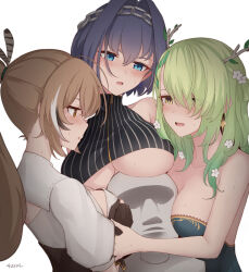  3girls 4zazil artist_name bare_shoulders blonde_hair blue_eyes blue_hair blush breast_press breasts brown_hair ceres_fauna cleavage clothing_cutout earrings flower gloves highres hololive hololive_english jewelry large_breasts multiple_girls nanashi_mumei ouro_kronii sweat underboob underboob_cutout virtual_youtuber yellow_eyes  rating:Sensitive score:51 user:angusmacloud