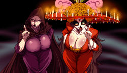  2girls bent_over black_hair breasts candle cape colored_skin crossover death_(marvel) female_focus gesture hat highres hood hoodie huge_breasts index_finger_raised la_muerte large_breasts looking_at_viewer marvel mature_female mature_female multicolored_eyes multiple_girls no_pupils resized seductive_smile sexually_suggestive smile tattoo the_book_of_life third-party_edit white_skin 