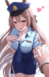  1girl absurdres alternate_costume animal_ears blue_hat blue_necktie blue_shirt blue_skirt breasts brown_hair cleavage clothes_writing commentary_request cuffs ears_through_headwear handcuffs hat heart highres holding_hands horse_ears horse_girl horse_tail interlocked_fingers long_hair looking_at_viewer medium_breasts necktie open_mouth orange_eyes pencil_skirt police police_hat police_uniform policewoman satono_diamond_(umamusume) sayosayo-0 shirt short_sleeves simple_background skirt solo_focus tail umamusume uniform white_background 