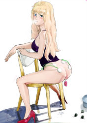  1girl anal anal_object_insertion artist_request ass blonde_hair blue_eyes blush bottomless chair electrodes electrostimulation enema eyebrows high_heels highres long_hair looking_at_viewer looking_back macross macross_frontier object_insertion red_footwear remote_control_vibrator sex_toy sheryl_nome shoes simple_background sitting sitting_backwards solo stiletto_heels sweat vibrator white_background  rating:Questionable score:27 user:balddur_anthology