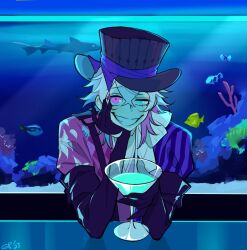  asymmetrical_clothes blue_eyes blue_hair coral crossed_bangs cup drinking_glass elbow_gloves elbows_on_table fish fish_tank gavis_bettel gavis_bettel_(1st_costume) gigglepox gloves hair_between_eyes hand_on_own_cheek hand_on_own_face hat heterochromia highres holding holding_cup holostars holostars_english male_focus medium_hair multicolored_hair pink_hair scarf shark signature smile striped_clothes top_hat upper_body vertical-striped_clothes virtual_youtuber white_hair white_scarf  rating:General score:0 user:danbooru