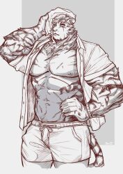  1boy abs animal_ears arknights artist_name bara chain_bracelet claws commentary cross_scar drying drying_hair english_commentary eyewear_on_head facial_scar furry furry_male greyscale hand_on_own_hip highres holding holding_towel looking_at_viewer male_focus monochrome mountain_(arknights) multiple_scars muscular muscular_male navel nipples open_clothes open_shirt pectorals scar scar_across_eye scar_on_arm scar_on_cheek scar_on_chest scar_on_face scar_on_stomach shio0610204 shorts tail tiger_boy tiger_ears tiger_stripes tiger_tail towel unbuttoned unbuttoned_shirt 