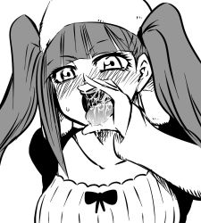  1girl aftersex bleach blush cum cum_in_mouth dokugamine_riruka eyelashes fellatio_gesture greyscale hand_to_own_mouth hanya_(hanya_yashiki) hat long_hair monochrome open_mouth solo tongue tongue_out twintails upper_body  rating:Explicit score:64 user:sundae