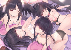  4girls :d ^_^ all_fours ass bar_censor bare_arms barefoot black_bra black_hair black_panties black_wings blue_archive blunt_bangs blush bra breasts butt_crack cat_lingerie censored chestnut_mouth chinese_commentary cleavage closed_eyes closed_mouth collarbone commentary_request downblouse eyelashes eyes_visible_through_hair facing_another feathered_wings hair_spread_out halo happy highres hugging_object ichika_(blue_archive) imoe_(1017933989) indoors justice_task_force_member_(blue_archive) lace lace-trimmed_bra lace-trimmed_panties lace_trim lap_pillow large_breasts lingerie long_hair looking_at_another looking_at_viewer lying medium_breasts meme_attire multiple_girls on_back on_bed on_side on_stomach open_mouth panties pink_eyes red_eyes red_halo sideboob sidelocks smile straight_hair strap_slip thighs tsurime underwear underwear_only white_bra wings 