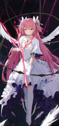 1girl absurdres ankle_wings arrow_(projectile) black_background bow bow_(weapon) breasts chest_jewel choker chromatic_aberration closed_mouth collarbone commentary dress feathers full_body glint gloves hair_between_eyes hair_bow highres holding jianjia kaname_madoka light_smile long_hair looking_at_viewer mahou_shoujo_madoka_magica mahou_shoujo_madoka_magica_(anime) medium_breasts pink_hair short_sleeves small_breasts solo thighhighs thighs two_side_up ultimate_madoka weapon white_bow white_choker white_dress white_feathers white_footwear white_gloves white_thighhighs white_wings wings yellow_eyes