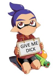  1boy blue_hair brown_eyes fake_translation full_body holding holding_sign inkling inkling_boy inkling_player_character male_focus mask nekobayashi_(nekoforest) nintendo pointy_ears shoes short_hair shorts sign sign_around_neck simple_background sitting sneakers solo splatoon_(series) splattershot_(splatoon) tentacle_hair tentacles text_focus 