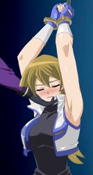  1girl 1other anime_coloring armpits arms_up black_gloves blush bound breasts brown_hair closed_eyes cropped_vest cuffs duel_academy_uniform_(yu-gi-oh!_gx) embarrassed fingerless_gloves gloves hand_on_another&#039;s_chin handcuffs highres large_breasts long_hair sakura_painter sleeveless sleeveless_turtleneck solo_focus sweat tenjouin_asuka turtleneck upper_body vest yu-gi-oh! yu-gi-oh!_gx yuu-gi-ou yuu-gi-ou_arc-v  rating:Sensitive score:31 user:danbooru