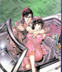 1980s_(style) 1990s_(style) 1boy 1girl aiming aiming_at_viewer armpits bare_shoulders black_hair bouquet breasts brown_eyes car car_seat city_hunter clenched_teeth convertible dress driving earrings elbow_gloves flower frown gloves grass gun handgun houjou_tsukasa jewelry knee_up large_breasts looking_at_viewer makimura_kaori motion_blur motor_vehicle official_art oldschool open_mouth outdoors pink_dress pink_gloves pointing python_.357_magnum red_flower red_rose retro_artstyle revolver rose saeba_ryou shadow shoes short_hair spiked_hair steering_wheel strapless strapless_dress teeth turf tuxedo vehicle weapon windshield rating:Sensitive score:16 user:Kullervo