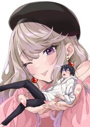 1boy 1girl ;p beret black_hair black_hat black_pants blue_eyes blush brown_hair casual cherry_earrings chieri_no_koi_wa_8_meter cover_image earrings food-themed_earrings food_themed_earrings giant giantess hat highres holding hood hoodie in_palm jewelry kotaki_yumeji long_hair mitogawawataru nail_polish official_art one_eye_closed oomine_chieri open_mouth pants pink_nails pink_sweater purple_eyes simple_background size_difference sweater teeth tongue tongue_out white_background white_hoodie 