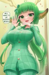  1girl :3 absurdres ahoge animal_ear_fluff animal_ears antler_ornament antlers bad_id bad_pixiv_id blunt_bangs blush bow breasts cleavage cowboy_shot curvy english_text fang from_below green_bow green_eyes green_hair green_nails green_pajamas green_theme hair_over_shoulder hand_to_own_mouth hands_up haruka_karibu highres horns hungrydurp indie_virtual_youtuber large_breasts long_hair long_sleeves looking_at_viewer moose_ears moose_girl nail_polish open_mouth pajamas plaid reindeer_girl sleeves_past_wrists smile speech_bubble very_long_hair virtual_youtuber waving  rating:Sensitive score:24 user:danbooru